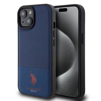 Apple iPhone 15 Case U.S. Polo Assn. Original Licensed Faux Leather Back Surface Printing Logo Knitted Patterned Cover Navy blue