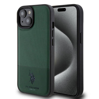 Apple iPhone 15 Case U.S. Polo Assn. Original Licensed Faux Leather Back Surface Printing Logo Knitted Patterned Cover Green