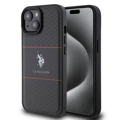 Apple iPhone 15 Case U.S. Polo Assn. Original Licensed Leather Stripe Logo Design Cover Black