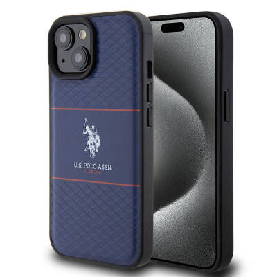 Apple iPhone 15 Case U.S. Polo Assn. Original Licensed Leather Stripe Logo Design Cover Navy blue