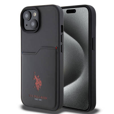 Apple iPhone 15 Case U.S. Polo Assn. Original Licensed Printing Logo PU Card Holder Cover Black