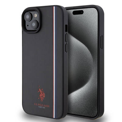 Apple iPhone 15 Case U.S. Polo Assn. Original Licensed Three Color Stripe Design Print Logo Cover Black