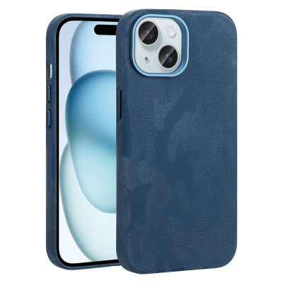 Apple iPhone 15 Case with M-Safe Charging Feature, Camouflage Design, Zore Sera Hard PC Cover Navy blue