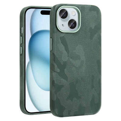 Apple iPhone 15 Case with M-Safe Charging Feature, Camouflage Design, Zore Sera Hard PC Cover Dark Green