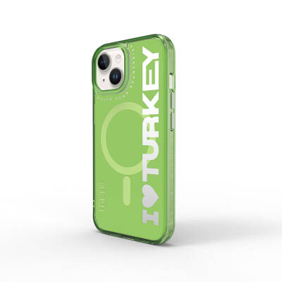 Apple iPhone 15 Case with Magsafe Charging Feature I Love Turkey Text Patterned Wiwu Turkey E Series Cover Green