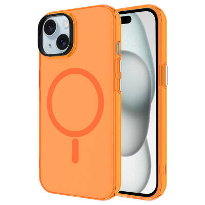 Apple iPhone 15 Case Zore Magsafe Charging Feature Frosted Transparent C-Pro Hard Cover Orange