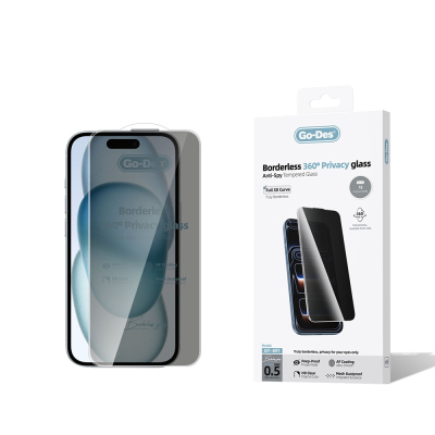 Apple iPhone 15 Go Des AF Borderless Privacy Temperli Cam Ekran Koruyucu Siyah