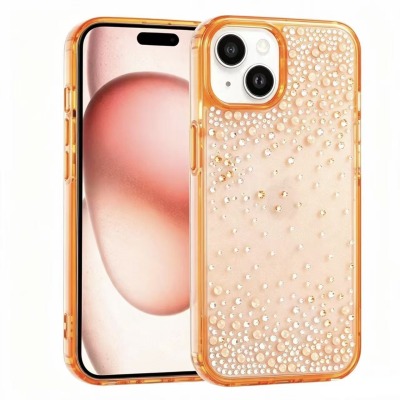 Apple iPhone 15 Kılıf Airbag Tasarımlı Damla Taşlı Şeffaf Zore Pera Silikon Kapak Turuncu