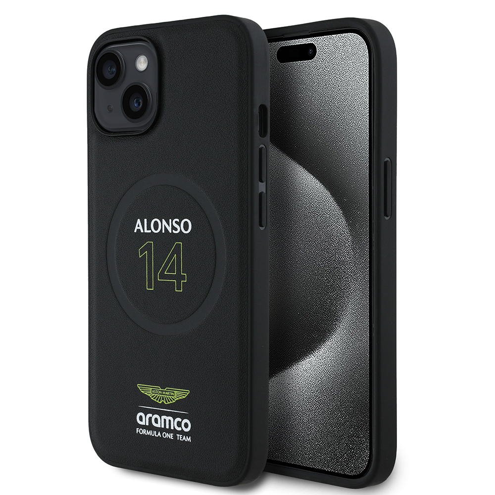 Apple iPhone 15 Kılıf Aston Martin Orjinal Lisanslı M-safe Şarj Özellikli PU Deri Alonso 14 Baskılı Kapak - 1