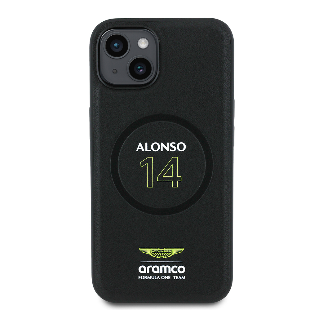 Apple iPhone 15 Kılıf Aston Martin Orjinal Lisanslı M-safe Şarj Özellikli PU Deri Alonso 14 Baskılı Kapak - 4