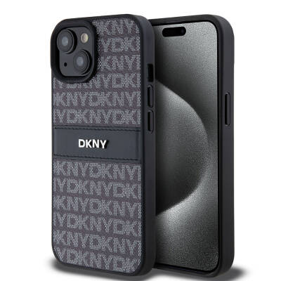 Apple iPhone 15 Kılıf DKNY Orjinal Lisanslı 3D Yazılı Repeat Texture Pattern Kapak Siyah