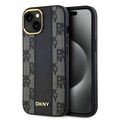 Apple iPhone 15 Kılıf DKNY Orjinal Lisanslı MagSafe Şarj Özellikli 3D Yazılı Checkered Pattern Kapak Siyah