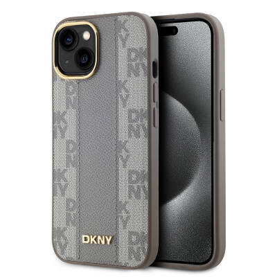 Apple iPhone 15 Kılıf DKNY Orjinal Lisanslı MagSafe Şarj Özellikli 3D Yazılı Checkered Pattern Kapak Krem