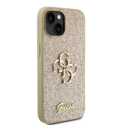 Apple iPhone 15 Kılıf Guess Orjinal Lisanslı 4G Büyük Metal Logolu Glitter Kapak Gold