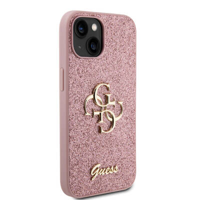 Apple iPhone 15 Kılıf Guess Orjinal Lisanslı 4G Büyük Metal Logolu Glitter Kapak Pembe