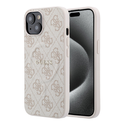 Apple iPhone 15 Kılıf Guess Orjinal Lisanslı M-safe Kabartmalı 4G Desenli Yazı Logolu Kapak Pembe