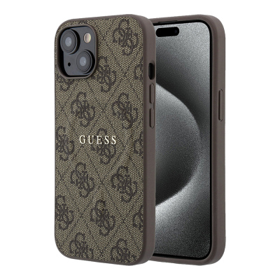 Apple iPhone 15 Kılıf Guess Orjinal Lisanslı M-safe Kabartmalı 4G Desenli Yazı Logolu Kapak Kahverengi