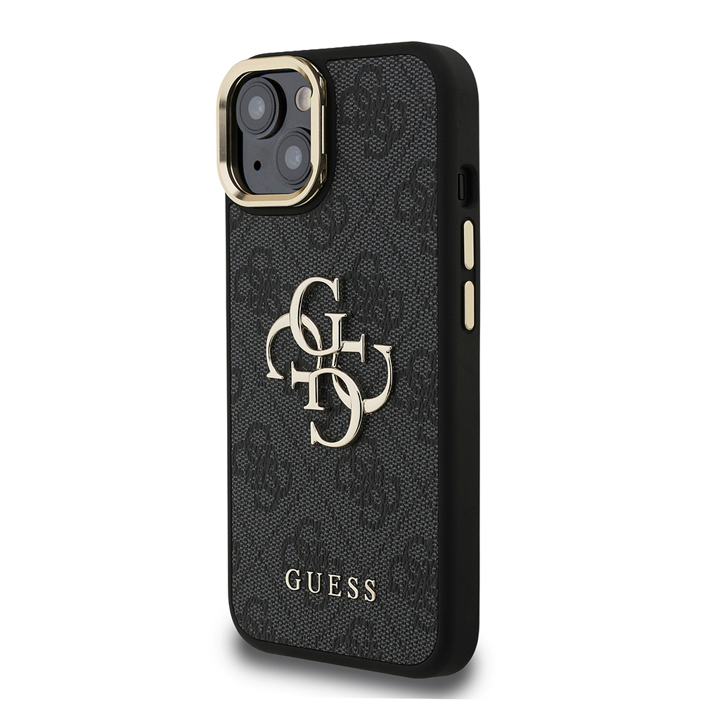 Apple iPhone 15 Kılıf Guess Orjinal Lisanslı PU Deri 4G Desenli Metal Büyük 4G ve Yazı Logolu Kamera Standlı Kapak - 6