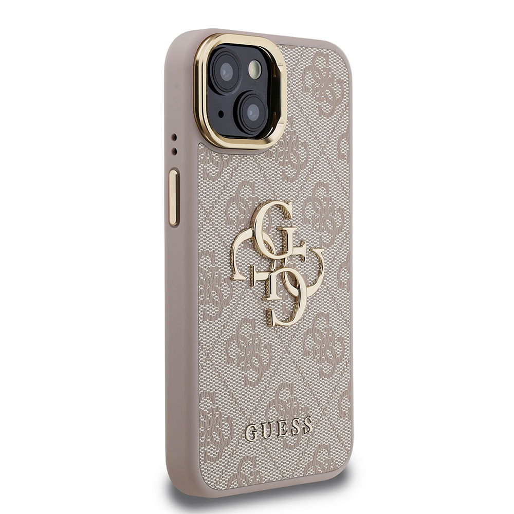 Apple iPhone 15 Kılıf Guess Orjinal Lisanslı PU Deri 4G Desenli Metal Büyük 4G ve Yazı Logolu Kamera Standlı Kapak - 22