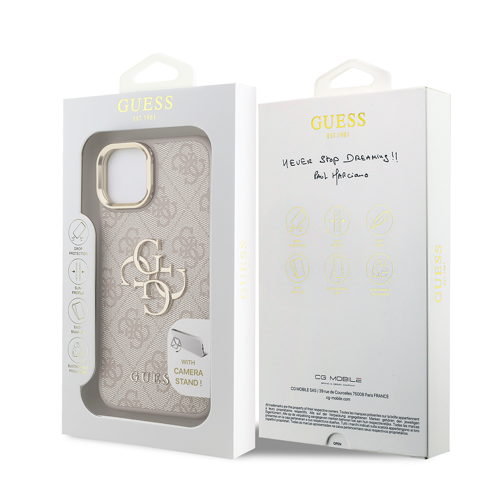 Apple iPhone 15 Kılıf Guess Orjinal Lisanslı PU Deri 4G Desenli Metal Büyük 4G ve Yazı Logolu Kamera Standlı Kapak - 26