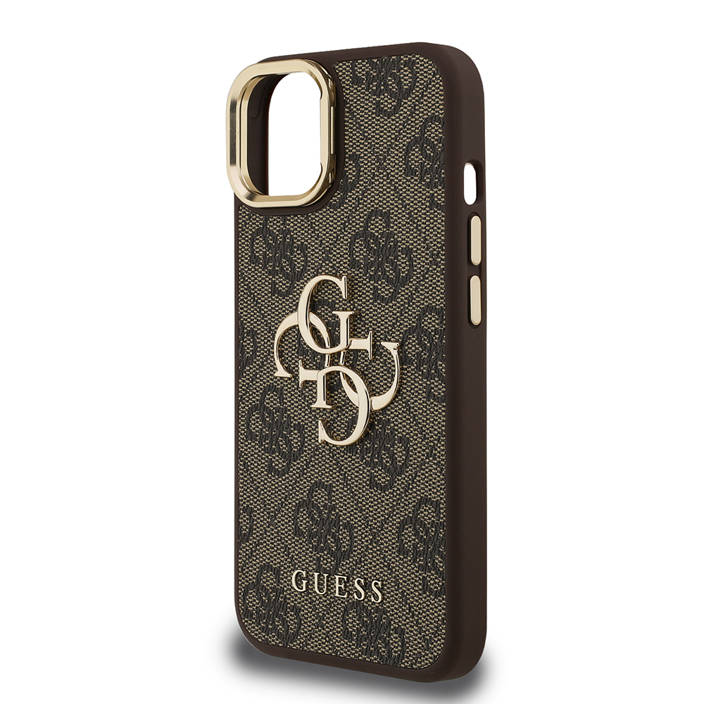Apple iPhone 15 Kılıf Guess Orjinal Lisanslı PU Deri 4G Desenli Metal Büyük 4G ve Yazı Logolu Kamera Standlı Kapak - 31