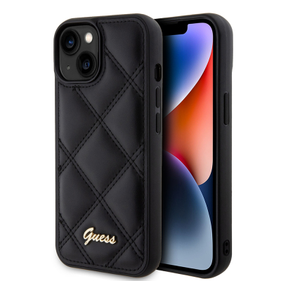Apple iPhone 15 Kılıf Guess Orjinal Lisanslı PU Deri Metal Yazı Logolu Kapitone Kapak Siyah