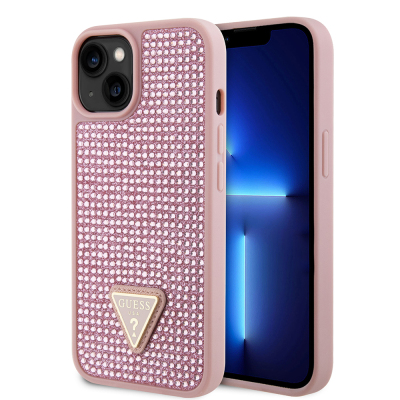 Apple iPhone 15 Kılıf Guess Orjinal Lisanslı Taşlı Arka Yüzey Üçgen Logolu Kapak Pembe