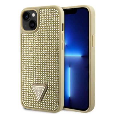 Apple iPhone 15 Kılıf Guess Orjinal Lisanslı Taşlı Arka Yüzey Üçgen Logolu Kapak Gold