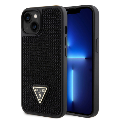 Apple iPhone 15 Kılıf Guess Orjinal Lisanslı Taşlı Arka Yüzey Üçgen Logolu Kapak Siyah