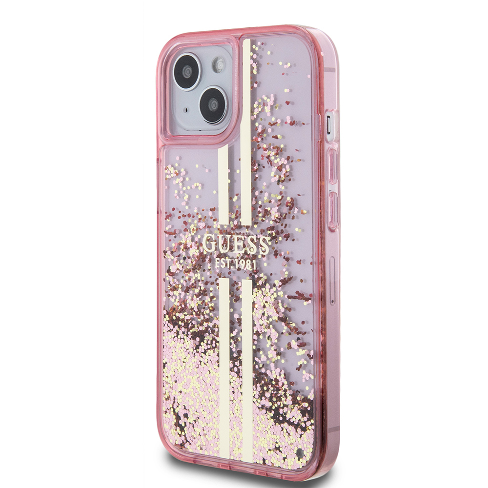 Apple iPhone 15 Kılıf Guess Orjinal Lisanslı Transparan Sıvılı Simli Altın Çizgili Kapak - 11