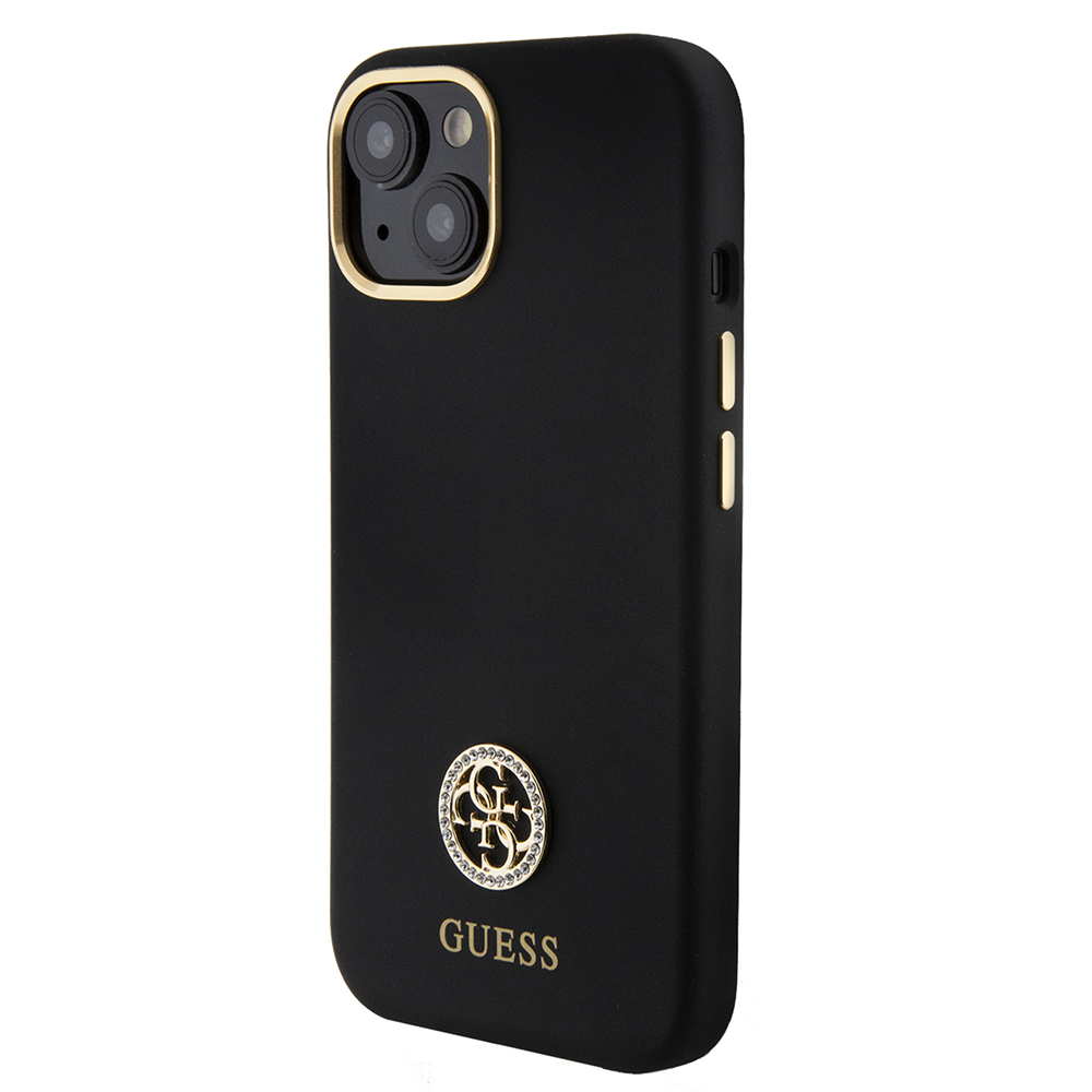 Apple iPhone 15 Kılıf Guess Orjinal Lisanslı Yazı ve Taşlı 4G Logolu Metal Kamera Çerçeveli Silikon Kapak - 3
