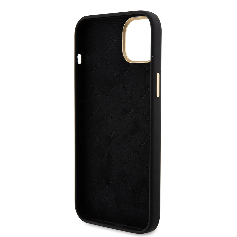 Apple iPhone 15 Kılıf Guess Orjinal Lisanslı Yazı ve Taşlı 4G Logolu Metal Kamera Çerçeveli Silikon Kapak - 8