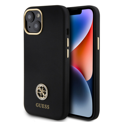 Apple iPhone 15 Kılıf Guess Orjinal Lisanslı Yazı ve Taşlı 4G Logolu Metal Kamera Çerçeveli Silikon Kapak Siyah