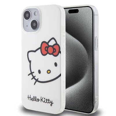 Apple iPhone 15 Kılıf Hello Kitty Orjinal Lisanslı Yazı ve İkonik Logolu Kitty Head Kapak Beyaz