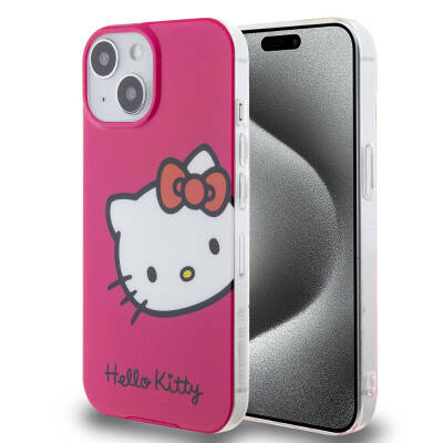 Apple iPhone 15 Kılıf Hello Kitty Orjinal Lisanslı Yazı ve İkonik Logolu Kitty Head Kapak Pembe