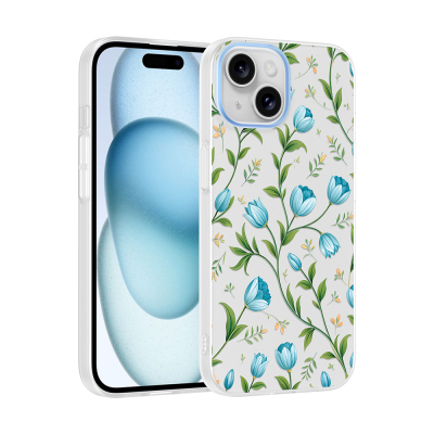Apple iPhone 15 Kılıf Kamera Korumalı Desenli Zore Klip Kapak Mavi Lale