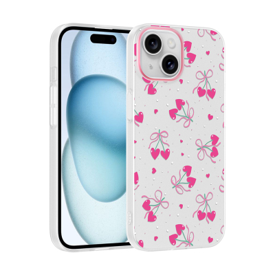 Apple iPhone 15 Kılıf Kamera Korumalı Desenli Zore Klip Kapak Kalpli Kiraz