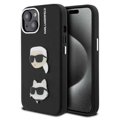 Apple iPhone 15 Kılıf Karl Lagerfeld Orjinal Lisanslı K&C Heads Pin Kapak Siyah