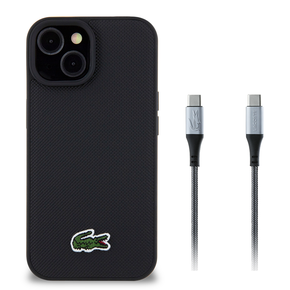 Apple iPhone 15 Kılıf Lacoste Orjinal Lisanslı PU Pike Desenli Arka Yüzey İkonik Timsah Dokuma Logolu Kapak + Type-C Kablo 1.5m - 2