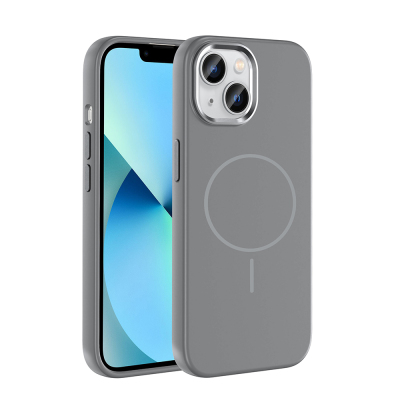 Apple iPhone 15 Kılıf M-Safe Şarj Özellikli Metal Kamera Çerçeveli Zore Edi Silikon Kapak Gri