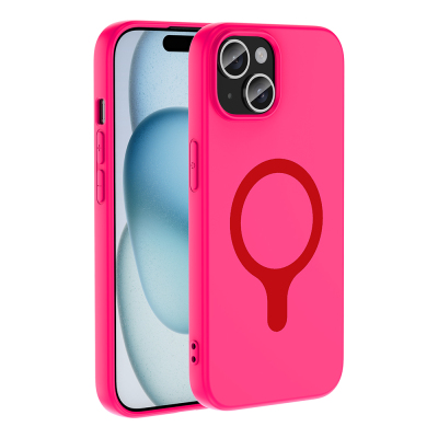 Apple iPhone 15 Kılıf M-Safe Şarj Özellikli Zore Aris Silikon Kapak Koyu Pembe
