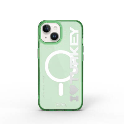Apple iPhone 15 Kılıf Magsafe Şarj Özellikli Transparan Renk Geçişli Wiwu Turkey C Serisi Kapak Yeşil