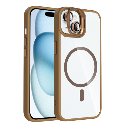 Apple iPhone 15 Kılıf Standlı ve Kamera Lens Hediyeli M-Safe Şarj Özellikli Zore Etro Kapak Desert Titanyum