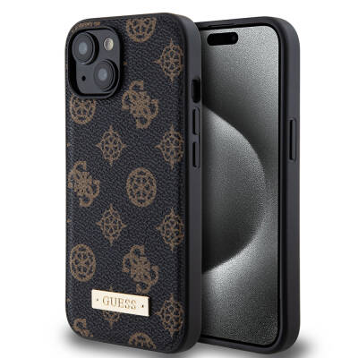 Apple iPhone 15 Plus Case Guess Magsafe Charging Featured PU Leather Patterned Metal Plate Logo Cover Black