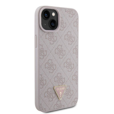 Apple iPhone 15 Plus Case Guess Original Licensed PU Leather Stoned Triangle Logo 4G Patterned Cover Pink