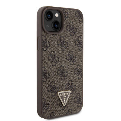 Apple iPhone 15 Plus Case Guess Original Licensed PU Leather Stoned Triangle Logo 4G Patterned Strass Cover Brown