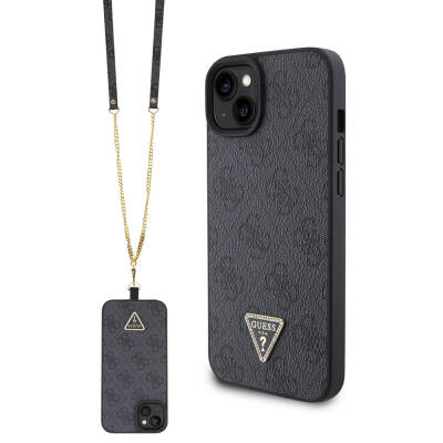 Apple iPhone 15 Plus Case Guess Original Licensed PU Leather Strap Stoned Triangle Logo 4G Patterned Strass Crossbody Cover Black