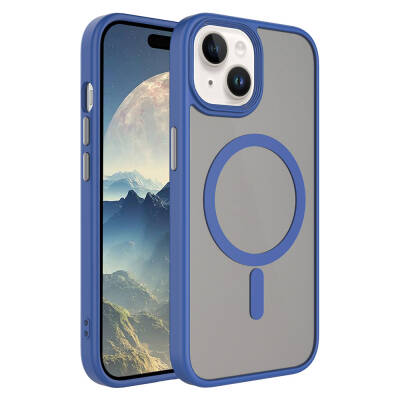 Apple iPhone 15 Plus Case Matte Back Surface Zore Flet Magsafe Cover with Wireless Charging Blue