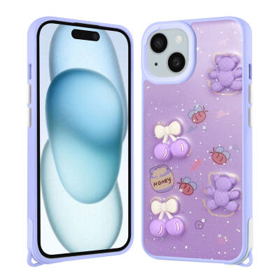 Apple iPhone 15 Plus Case Shining Glitter Relief Figured Zore Cevze Cover Mor Ayı