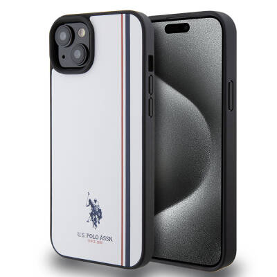 Apple iPhone 15 Plus Case U.S. Polo Assn. Original Licensed Three Color Stripe Design Print Logo Cover White